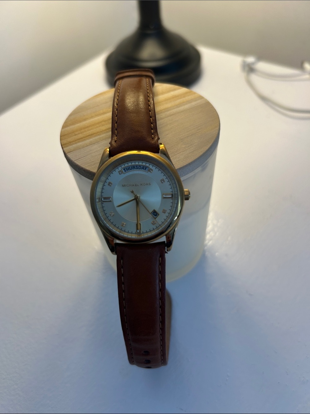 Michael Kors Gold Tone Watch with Brown Leather Strap and White Dial